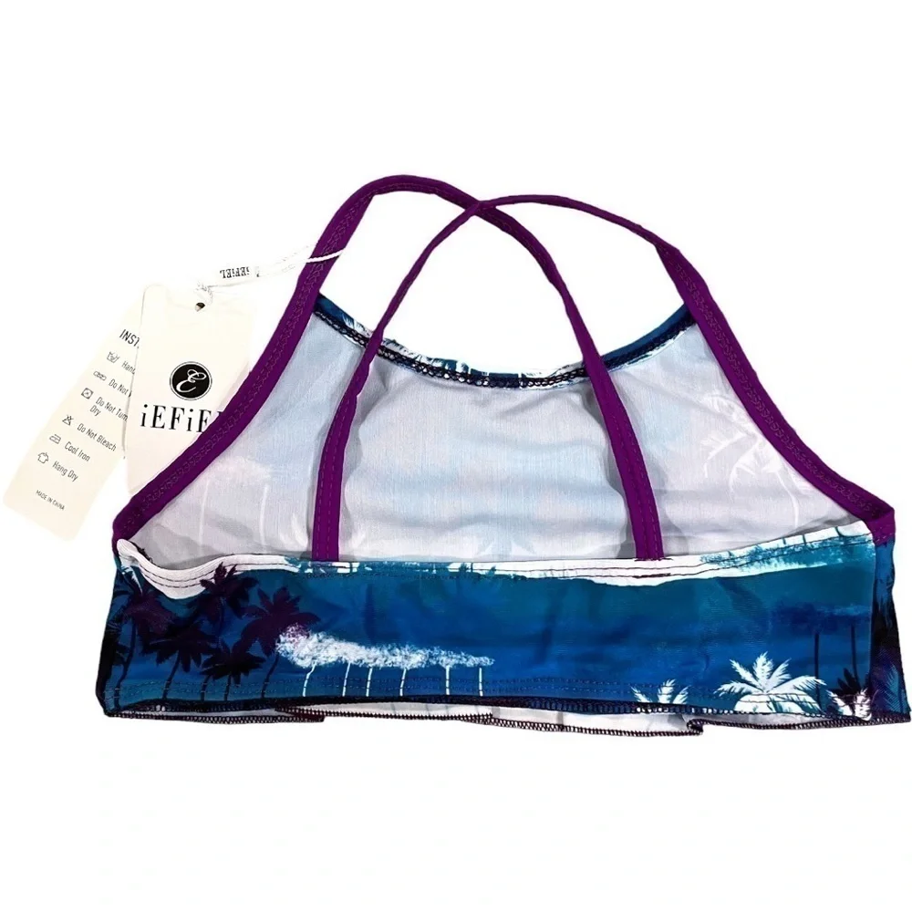 Iefiel Girls Med Swimsuit Tankini Tropical Palm Flounce Top Brief Blue Purple